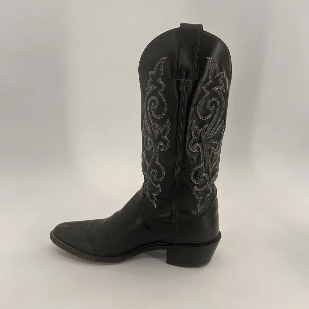 Justin Cowboy Boots 8.5 D Black Leather Western Scroll Stitch 1409 Pointed Toe